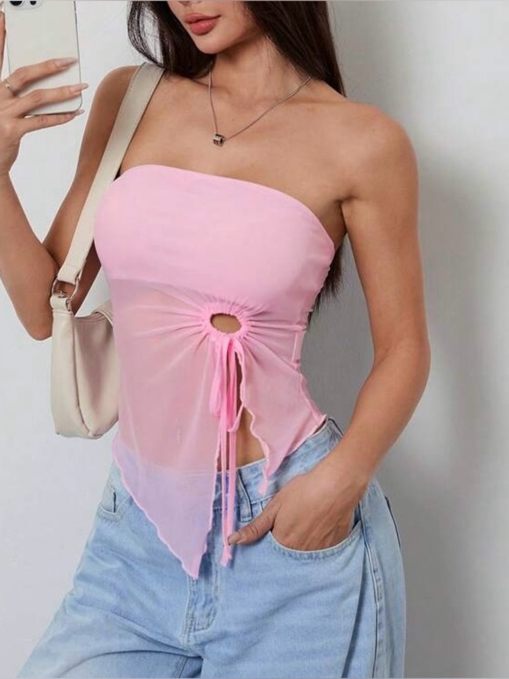 Shein Strapless Drawstring Side Asymmetrical Hem Mesh Pink Tube Top Women's XS